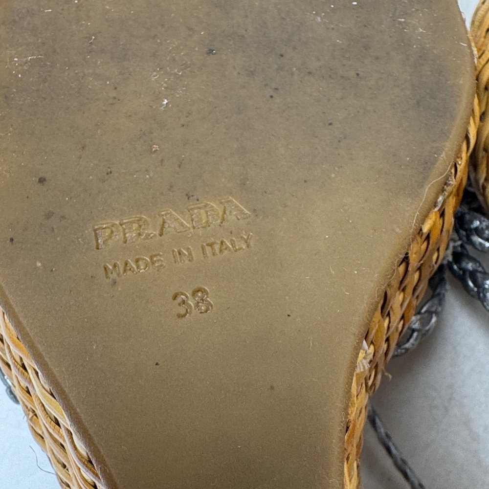 PRADA Woven Wicker Wedge Sandals Metallic Silver Braided Strap 4.5" Heel BOHO 38 - Picture 10 of 16